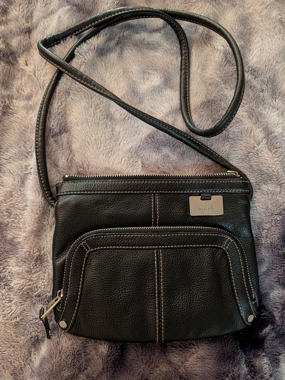 Tignanello Black Leather Crossbody with Contrast Stitching